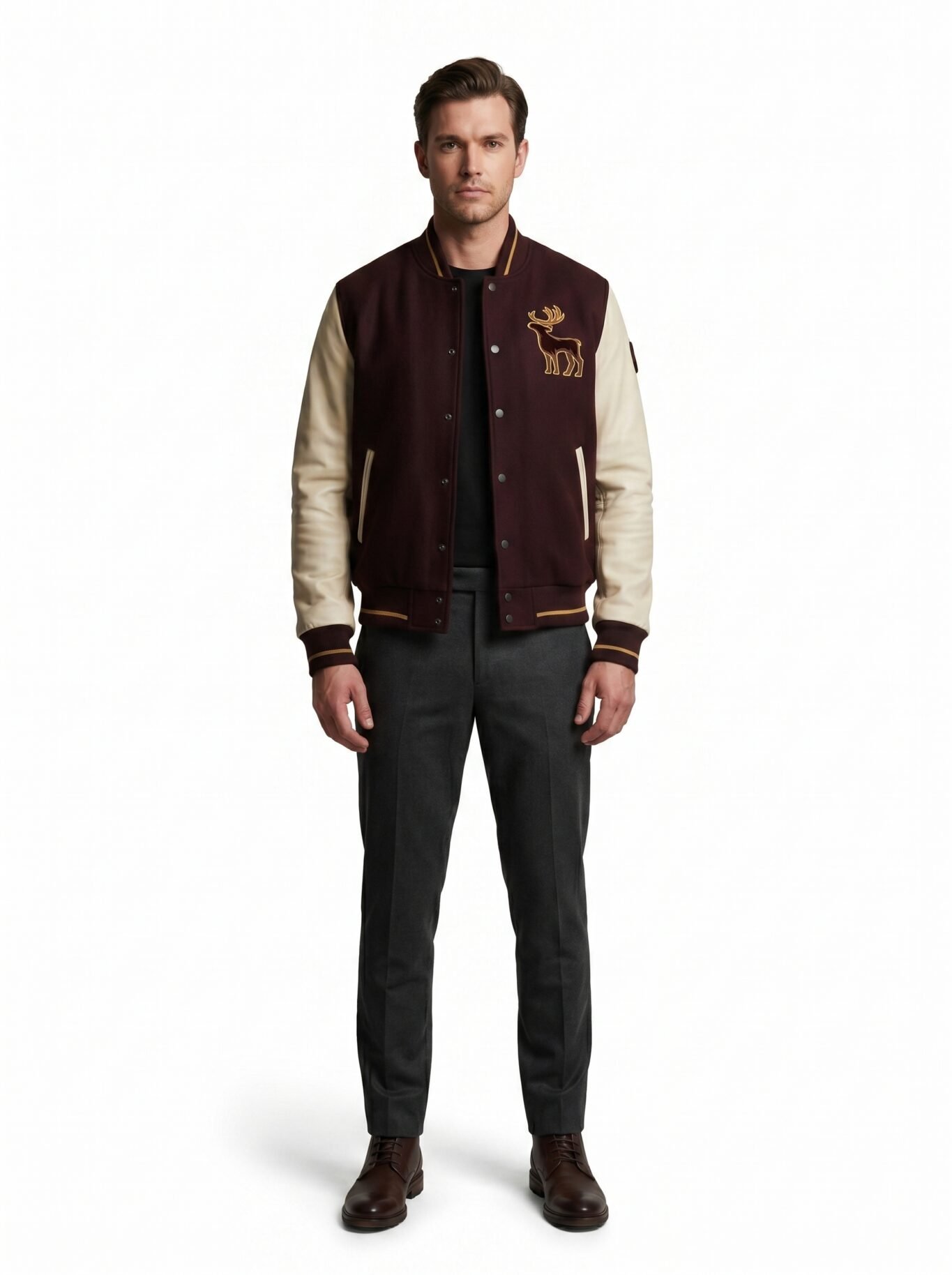 Premium Heavyweight Wool Melton Cream Lambskin Leather Sleeves Luxury Varsity Jacket Men Custom Embroidery OEM Sialkot Supplier