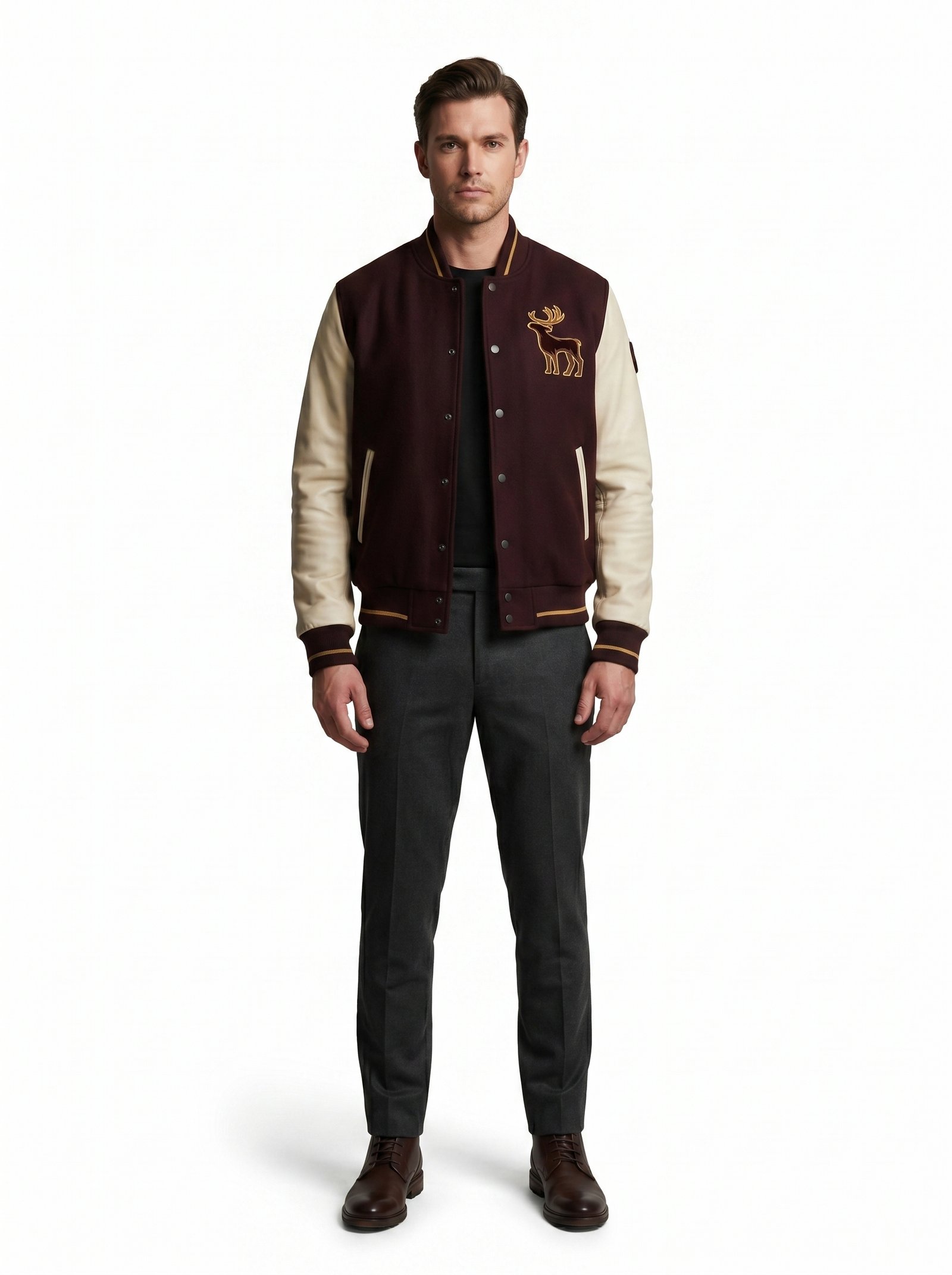 Premium Heavyweight Wool Melton Cream Lambskin Leather Sleeves Luxury Varsity Jacket Men Custom Embroidery OEM Sialkot Supplier