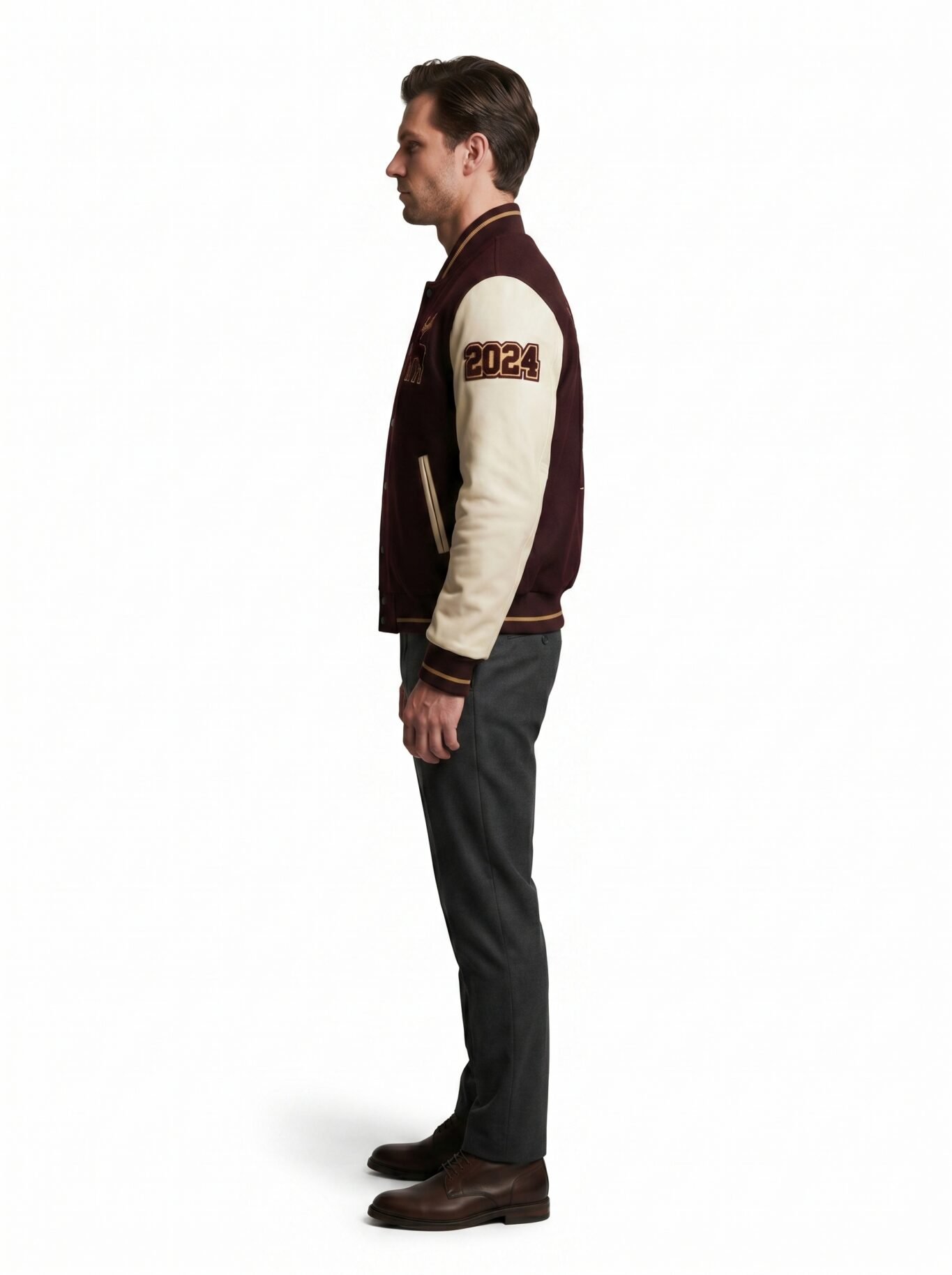 Premium Heavyweight Wool Melton Cream Lambskin Leather Sleeves Luxury Varsity Jacket Men Custom Embroidery OEM Sialkot Supplier view 3