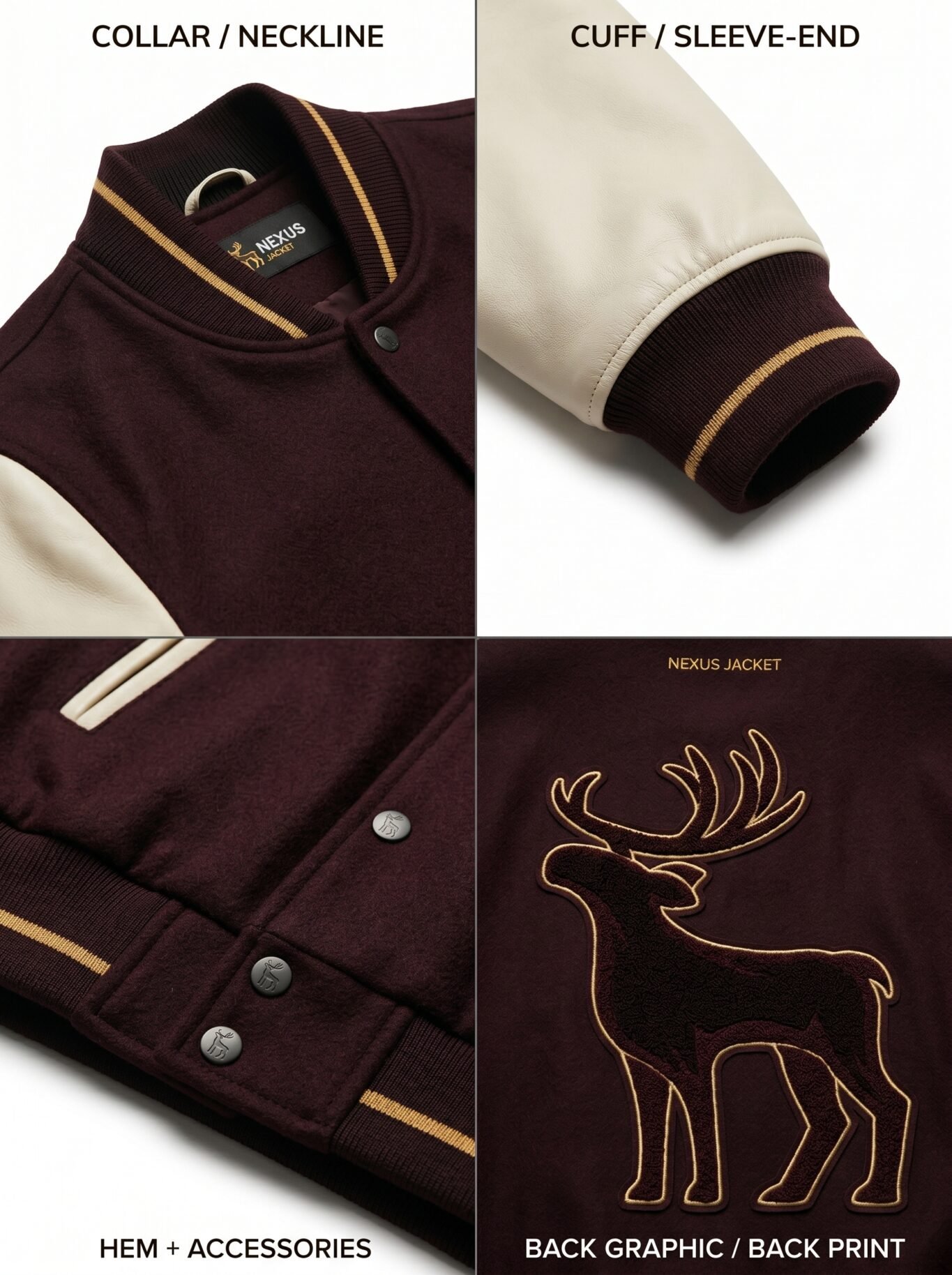 Premium Heavyweight Wool Melton Cream Lambskin Leather Sleeves Luxury Varsity Jacket Men Custom Embroidery OEM Sialkot Supplier view 4