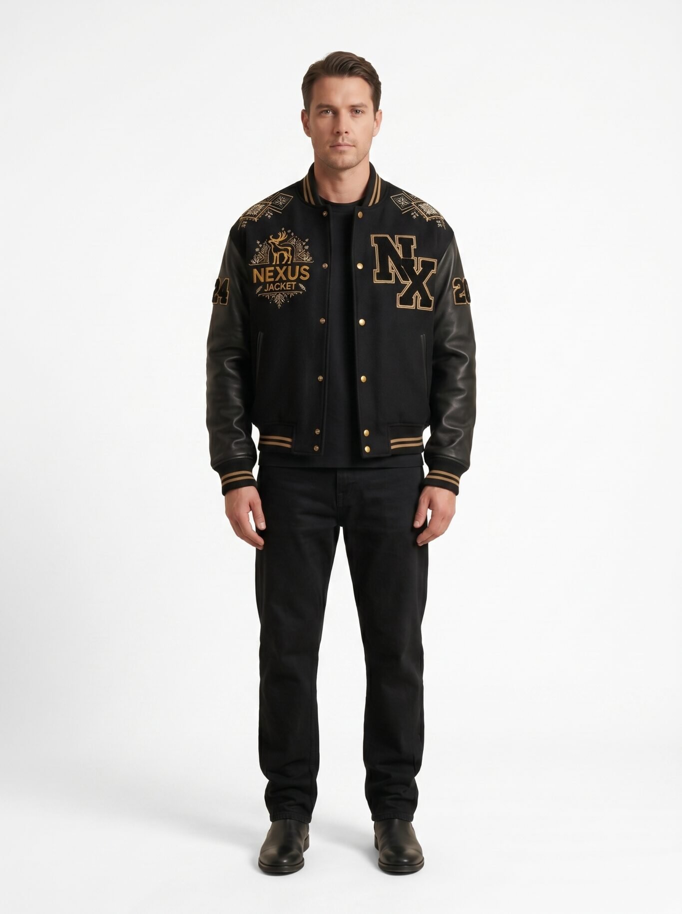 Premium High End Custom Logo Melton Wool Varsity Jacket Genuine Leather Sleeves Luxury Heavyweight Streetwear Bomber Jacket OEM