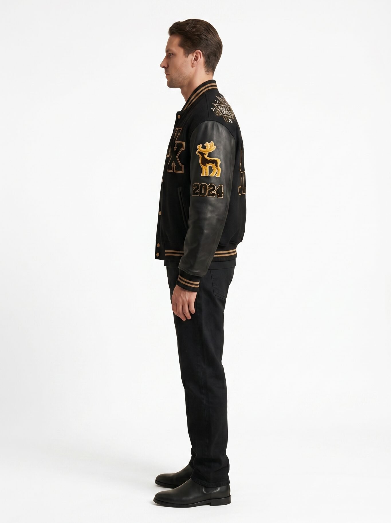 Premium High End Custom Logo Melton Wool Varsity Jacket Genuine Leather Sleeves Luxury Heavyweight Streetwear Bomber Jacket OEM view 3