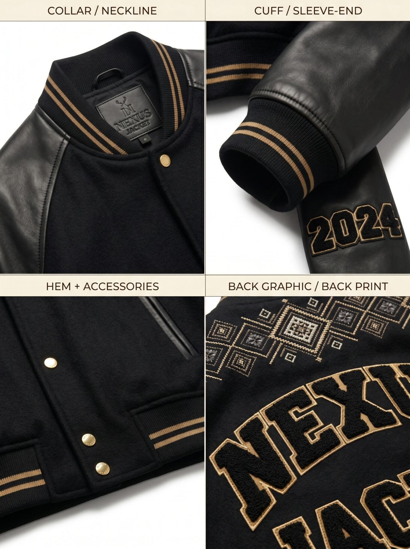 Premium High End Custom Logo Melton Wool Varsity Jacket Genuine Leather Sleeves Luxury Heavyweight Streetwear Bomber Jacket OEM view 4