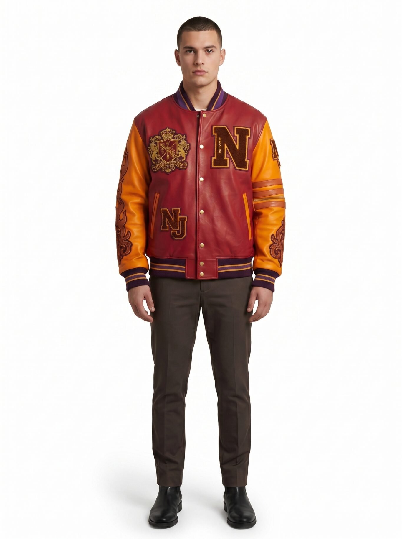 Wholesale Custom Varsity Jacket Genuine Leather Maximalist Embroidery Luxury Streetwear Men Outerwear Nexus Jacket OEM