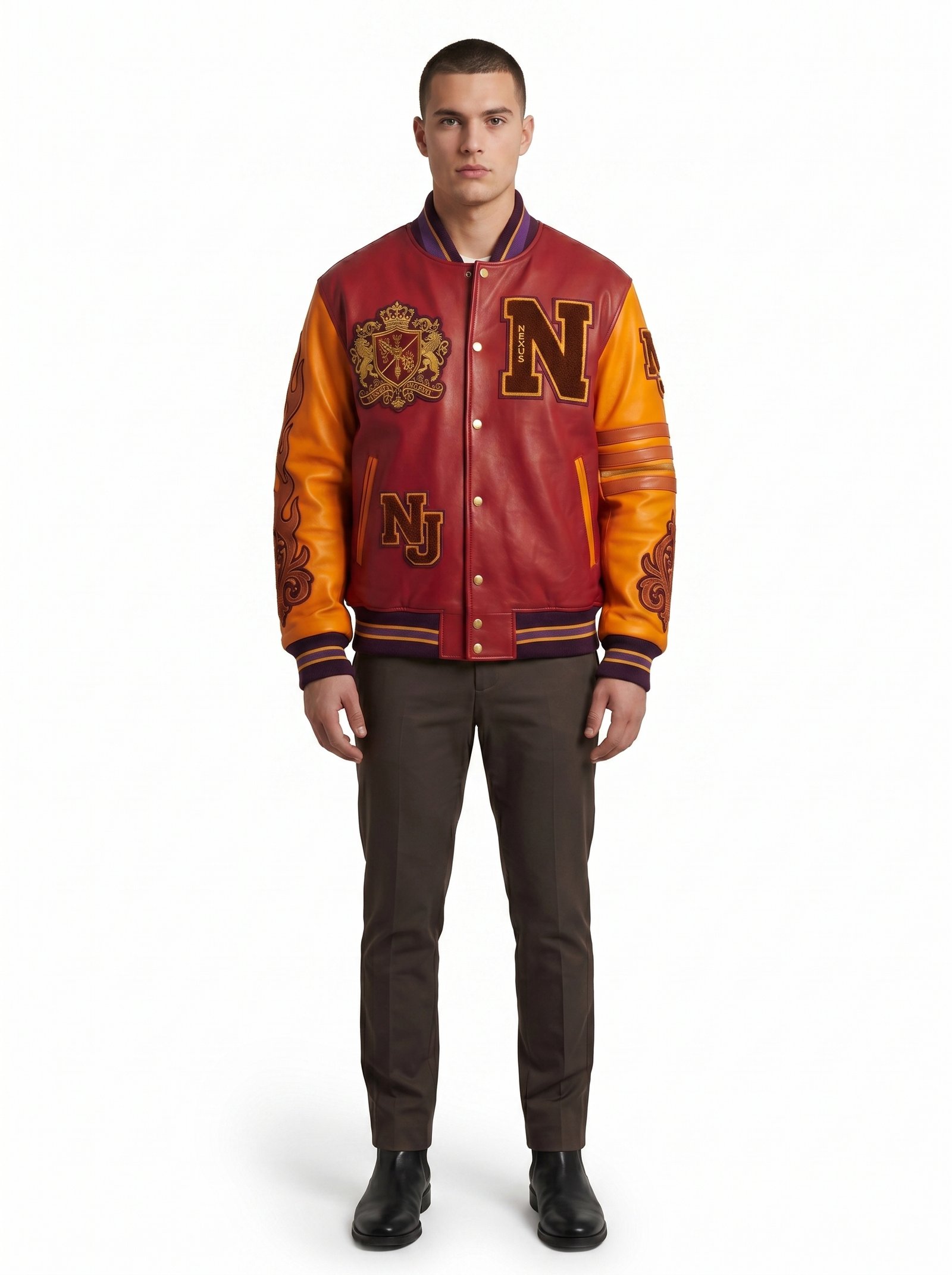 Wholesale Custom Varsity Jacket Genuine Leather Maximalist Embroidery Luxury Streetwear Men Outerwear Nexus Jacket OEM