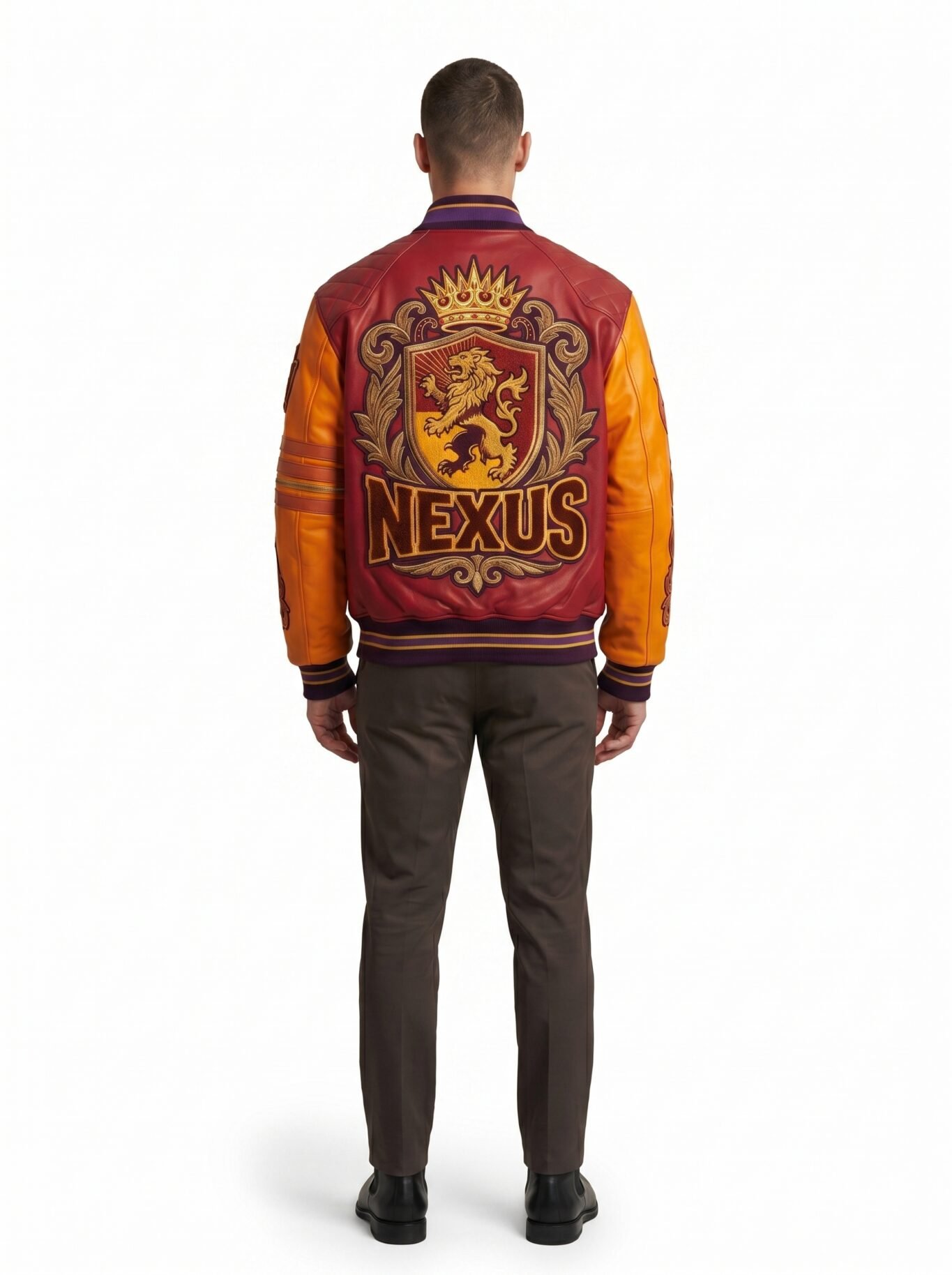 Wholesale Custom Varsity Jacket Genuine Leather Maximalist Embroidery Luxury Streetwear Men Outerwear Nexus Jacket OEM view 2