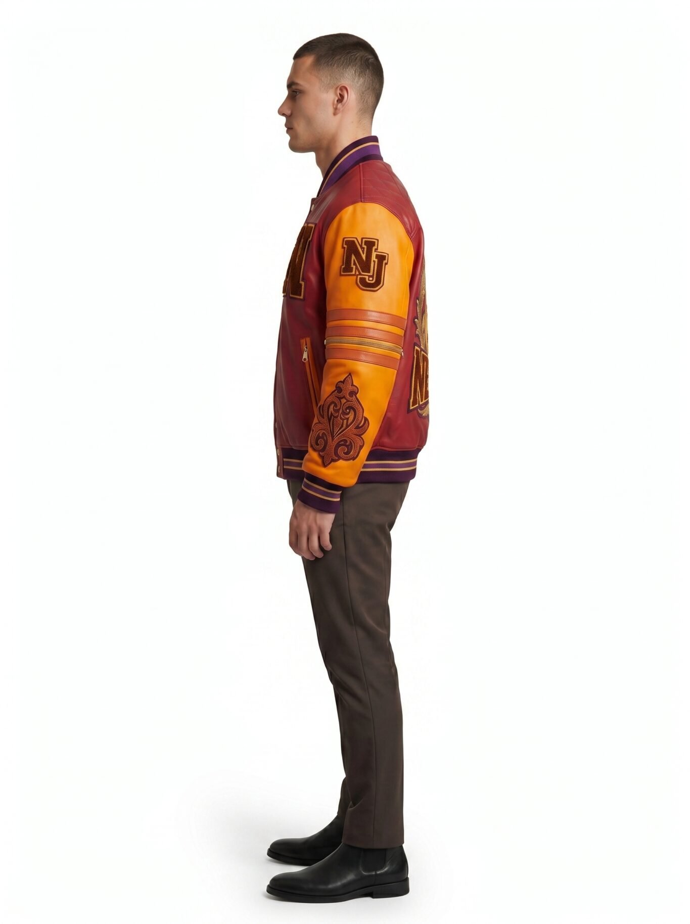 Wholesale Custom Varsity Jacket Genuine Leather Maximalist Embroidery Luxury Streetwear Men Outerwear Nexus Jacket OEM view 3