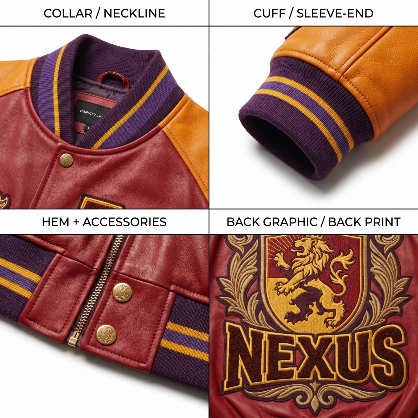 Wholesale Custom Varsity Jacket Genuine Leather Maximalist Embroidery Luxury Streetwear Men Outerwear Nexus Jacket OEM view 4