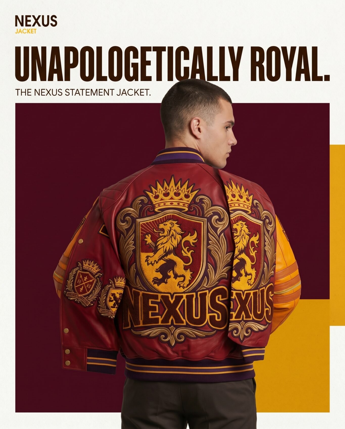 Wholesale Custom Varsity Jacket Genuine Leather Maximalist Embroidery Luxury Streetwear Men Outerwear Nexus Jacket OEM view 5