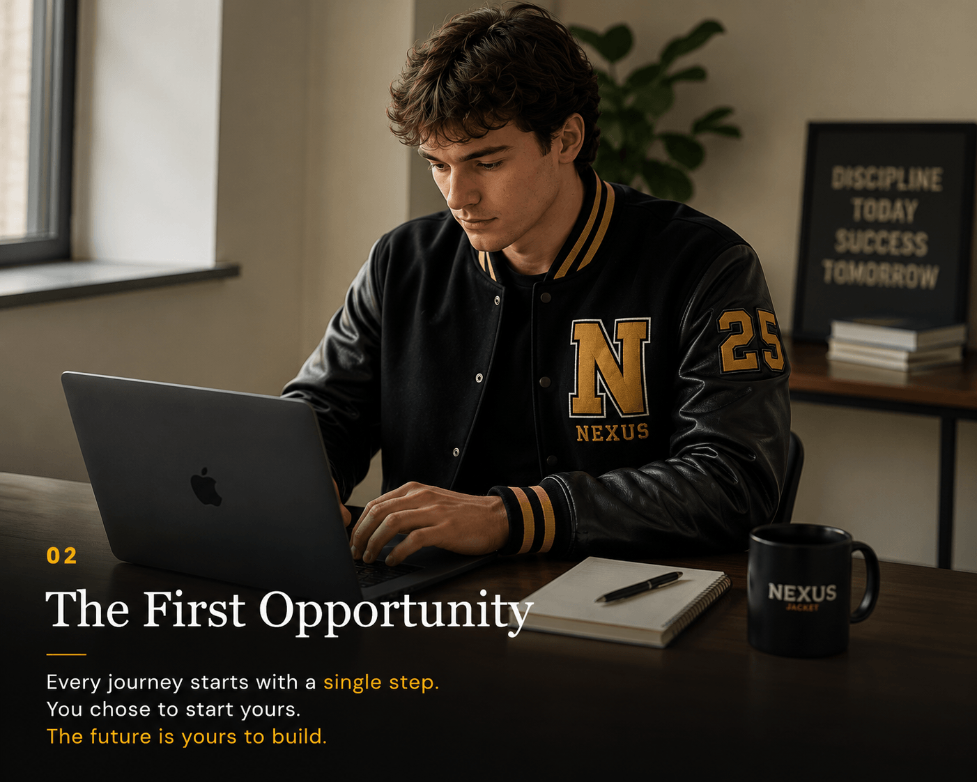 Young professional wearing a Nexus varsity jacket