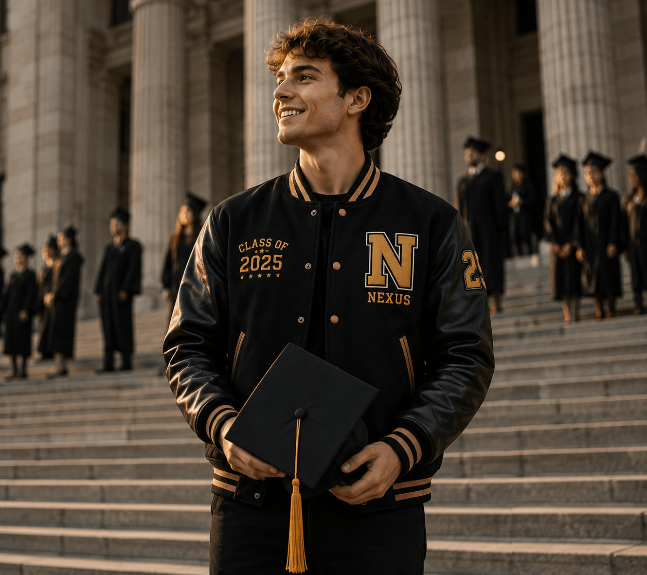 Graduate wearing a premium Nexus varsity jacket