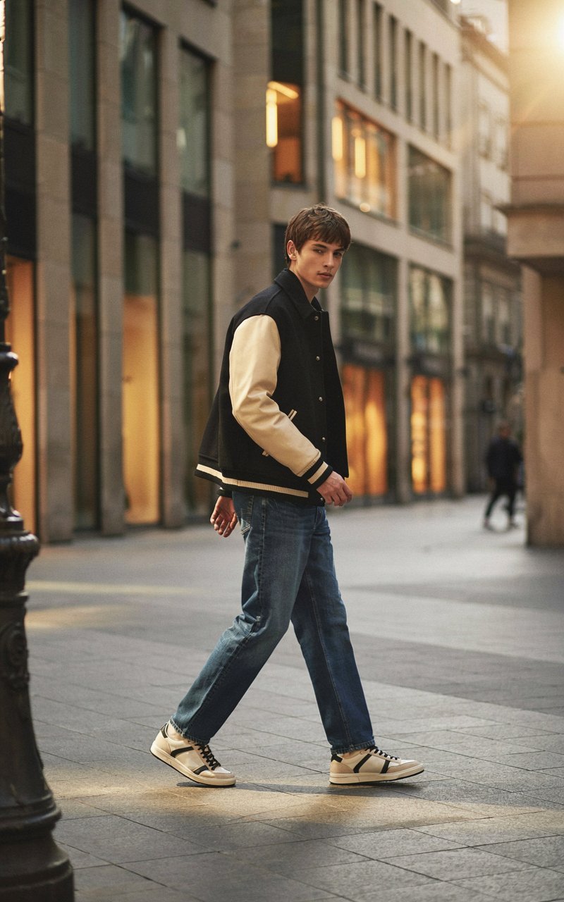 Model wearing a premium Nexus varsity jacket