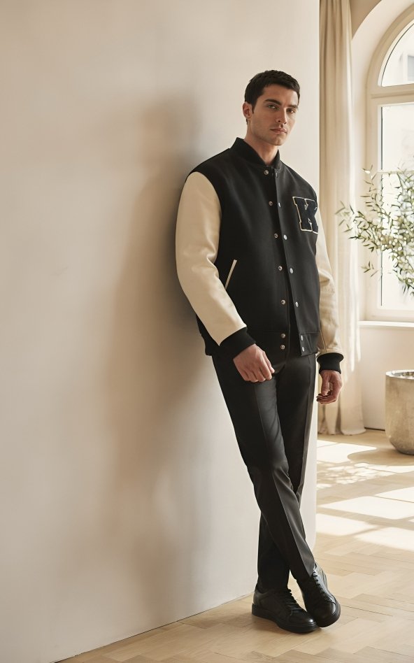 Model wearing a premium Nexus varsity jacket
