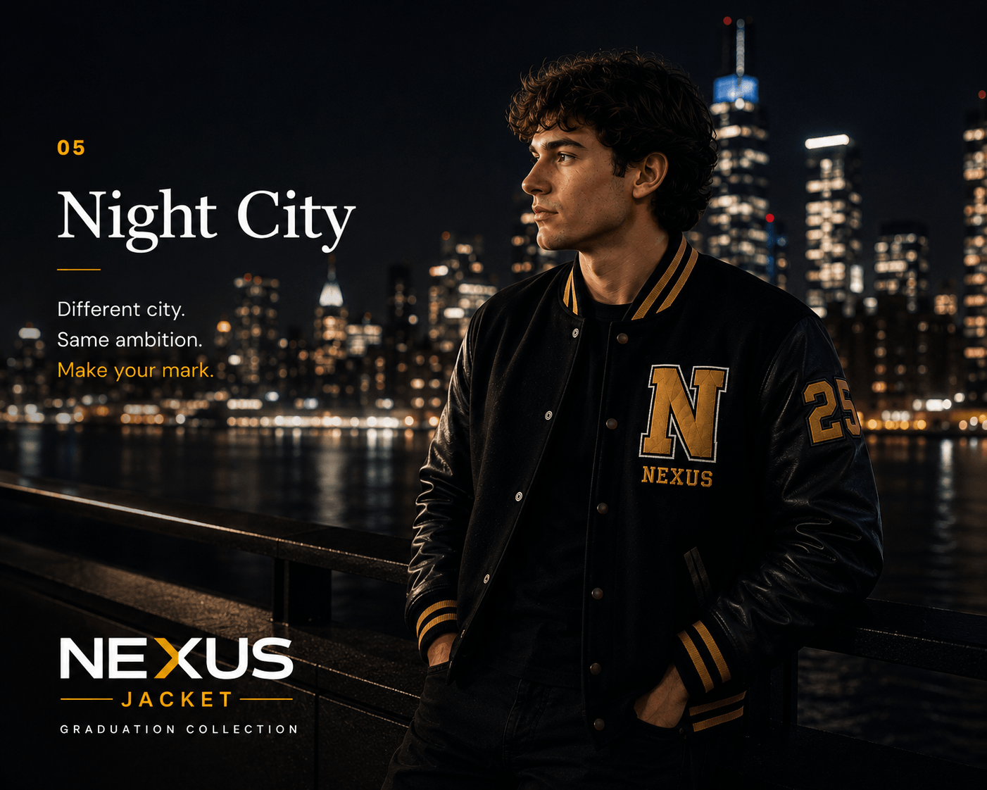 Model wearing Nexus varsity jacket in the city at night