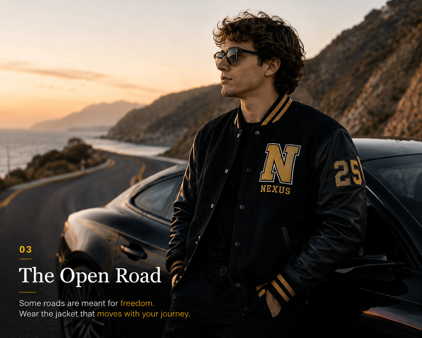 Model wearing a Nexus varsity jacket during a road trip