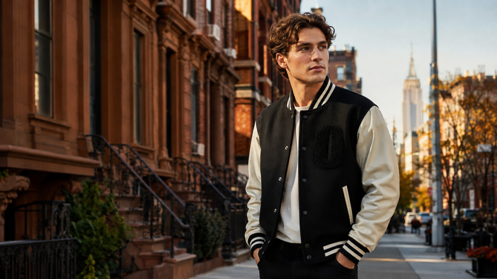 Man wearing a black and cream varsity jacket in New York