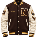 Ultra-realistic premium custom varsity jacket product photography, straight front-facing view, perfectly centered, deep chocolate brown heavyweight Melton wool body, cream genuine cowhide leather sleeves, brown cream and mustard-gold striped rib-knit collar cuffs and waistband, premium gold and cream chenille letter “N” patch on the left chest, small personalized name embroidery on the right chest, two tasteful varsity patches on the sleeves, matte gold snap buttons, luxury American letterman jacket construction, realistic wool fibers, natural leather grain, precise stitching, symmetrical shape, sleeves slightly extended naturally, entire jacket fully visible, isolated product cutout, transparent background, soft controlled studio lighting, subtle realistic grounding shadow, high-end ecommerce catalog photography, no person, no mannequin, no hanger, no text outside the jacket, no watermark, 45 vertical composition