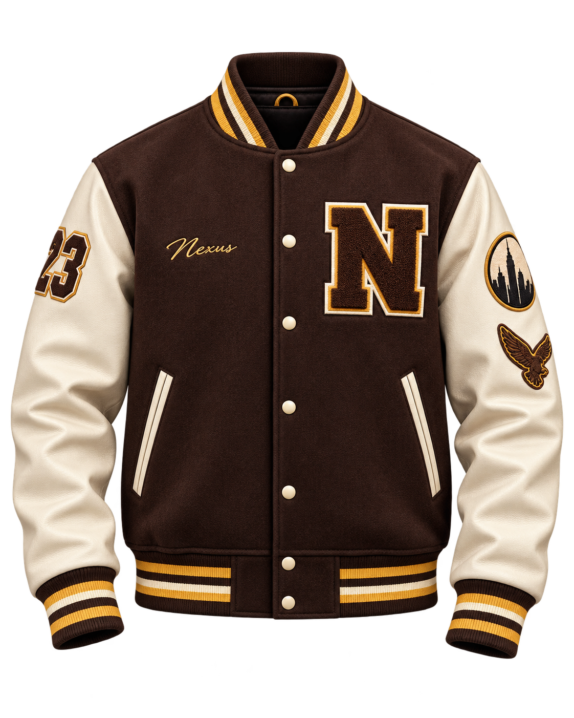 Ultra-realistic premium custom varsity jacket product photography, straight front-facing view, perfectly centered, deep chocolate brown heavyweight Melton wool body, cream genuine cowhide leather sleeves, brown cream and mustard-gold striped rib-knit collar cuffs and waistband, premium gold and cream chenille letter “N” patch on the left chest, small personalized name embroidery on the right chest, two tasteful varsity patches on the sleeves, matte gold snap buttons, luxury American letterman jacket construction, realistic wool fibers, natural leather grain, precise stitching, symmetrical shape, sleeves slightly extended naturally, entire jacket fully visible, isolated product cutout, transparent background, soft controlled studio lighting, subtle realistic grounding shadow, high-end ecommerce catalog photography, no person, no mannequin, no hanger, no text outside the jacket, no watermark, 45 vertical composition