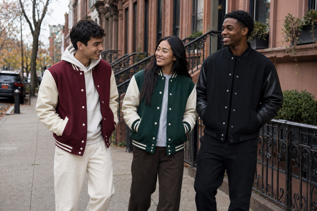 Friends wearing burgundy, green and black varsity jackets in New York