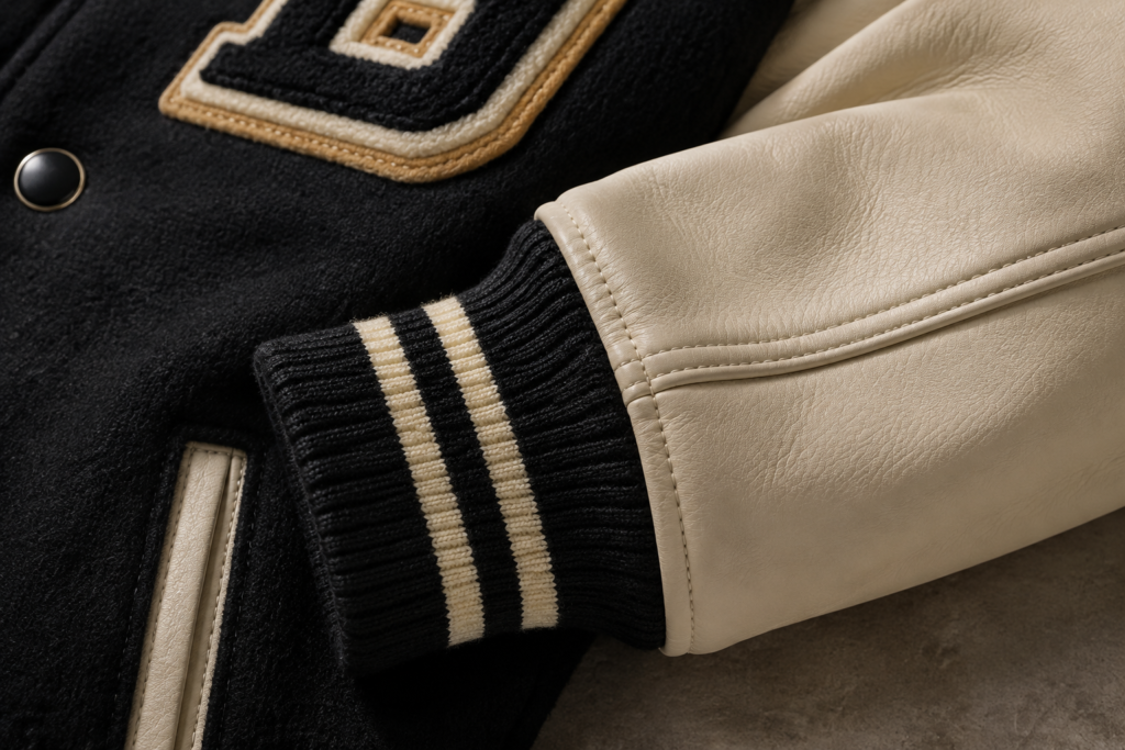 Close-up of Melton wool, leather sleeve and rib-knit varsity jacket details